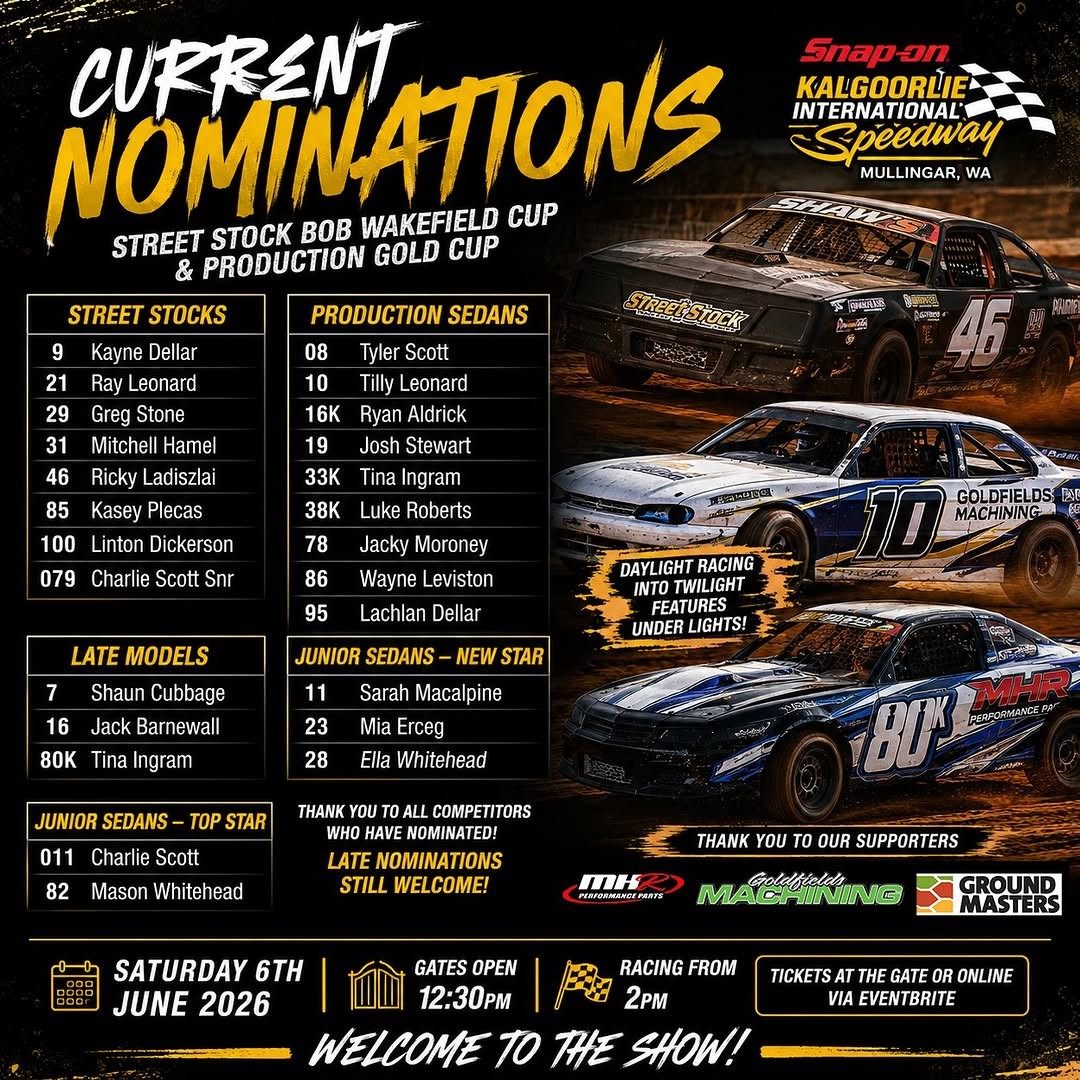 Street Stock Bob Wakefield Cup & Production Gold Cup — Muscle spectator event in Perth, WA on Saturday 6 June 2026