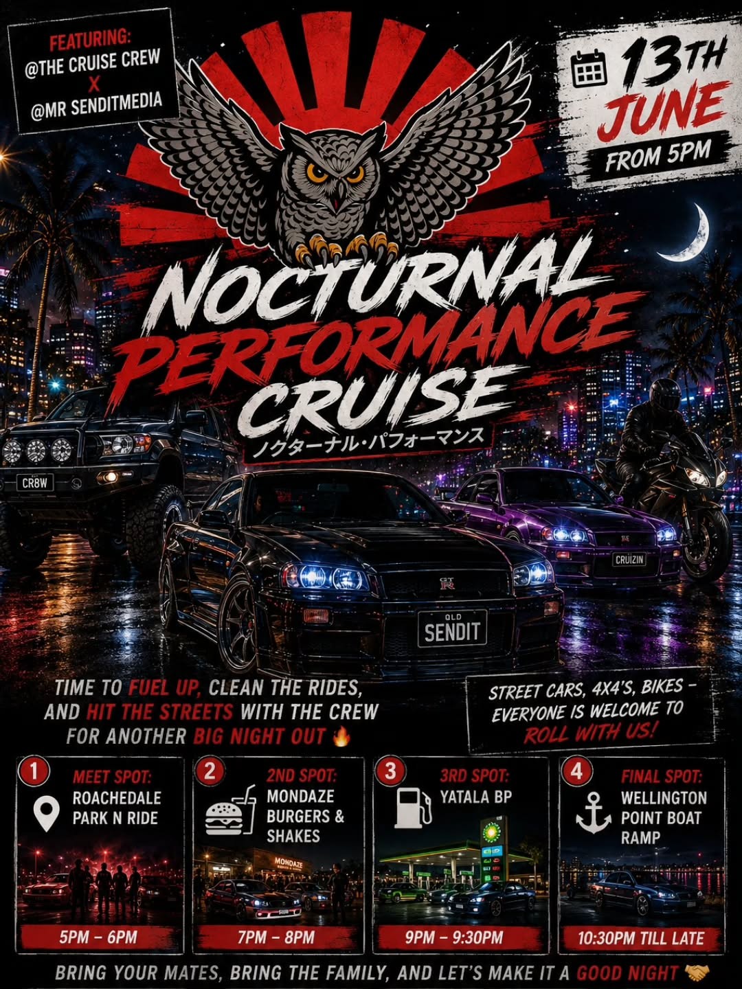 Nocturnal Performance Cruise — 4x4/JDM car meet in Brisbane, QLD on Saturday 13 June 2026