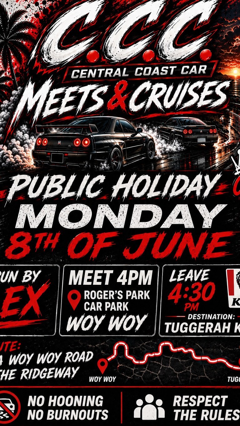 Central Coast Car Meets & Cruises: Public Holiday Cruise — JDM car meet in Central Coast, NSW on Monday 8 June 2026