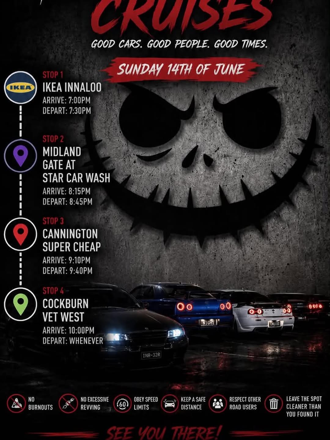 Nightmare Cruises — Muscle/JDM car meet in Perth, WA on Sunday 14 June 2026