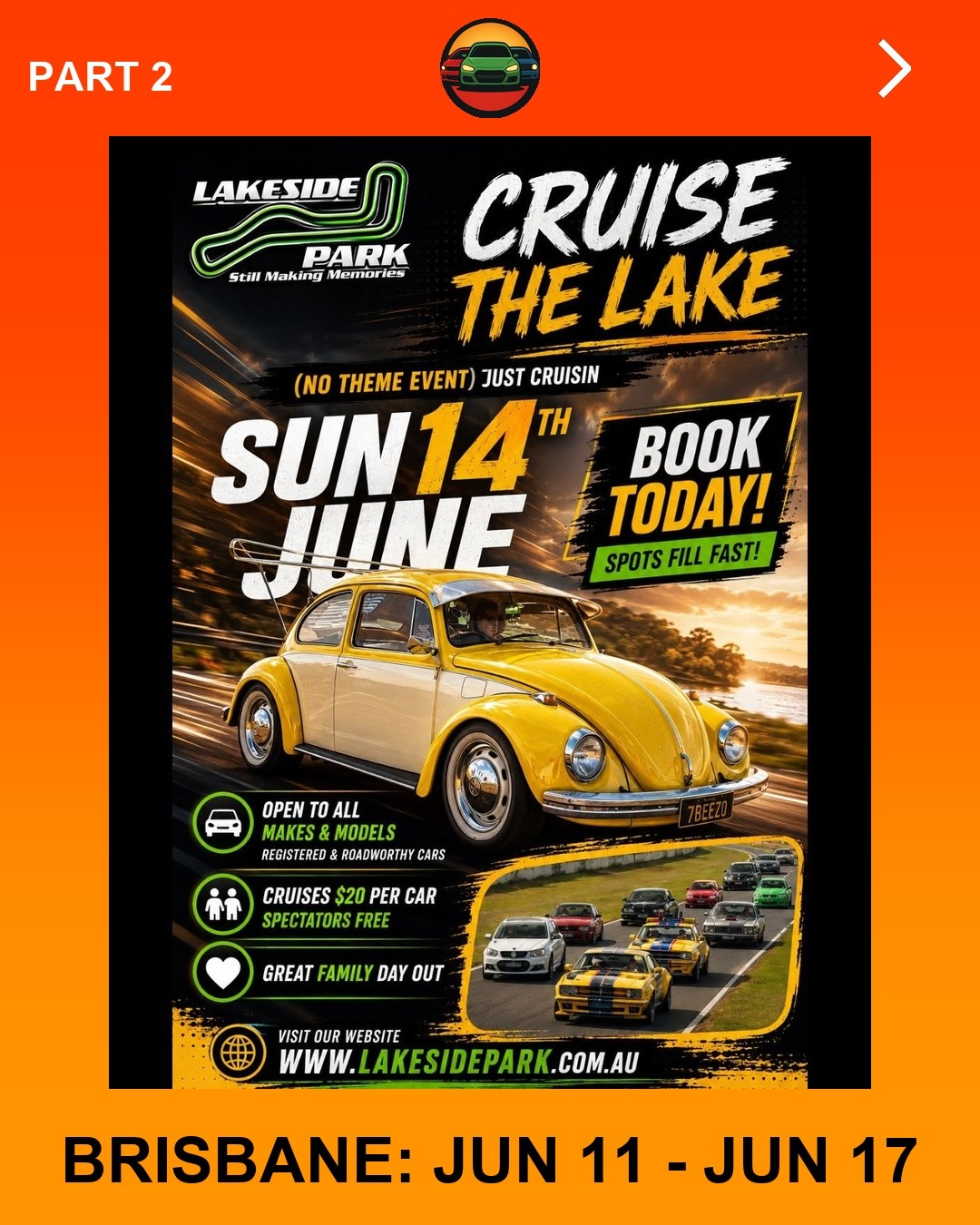 Cruise the Lake — Muscle car meet in Brisbane, QLD on Sunday 14 June 2026