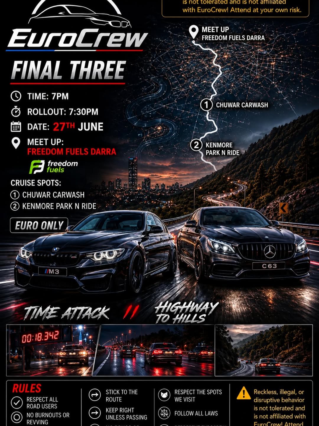 Final Three: Time Attack // Highway to Hills — Euro car meet in Brisbane, QLD on Saturday 27 June 2026
