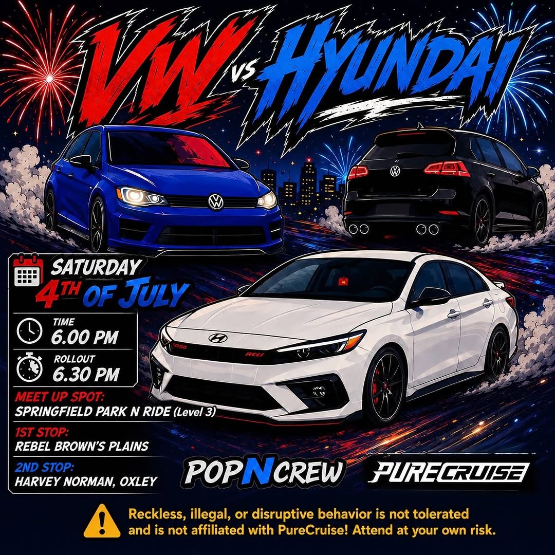 VW vs Hyundai Cruise Night — Euro car meet in Brisbane, QLD on Saturday 4 July 2026