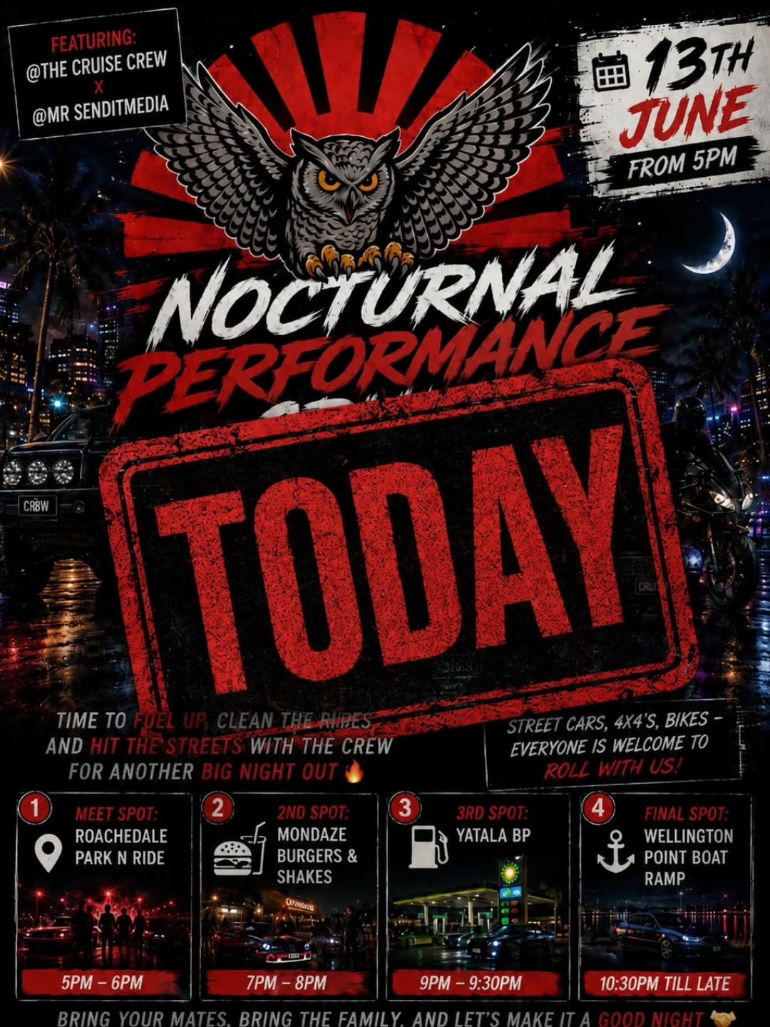 Nocturnal Performance Cruise — JDM/4x4 car meet in Brisbane, QLD on Saturday 13 June 2026