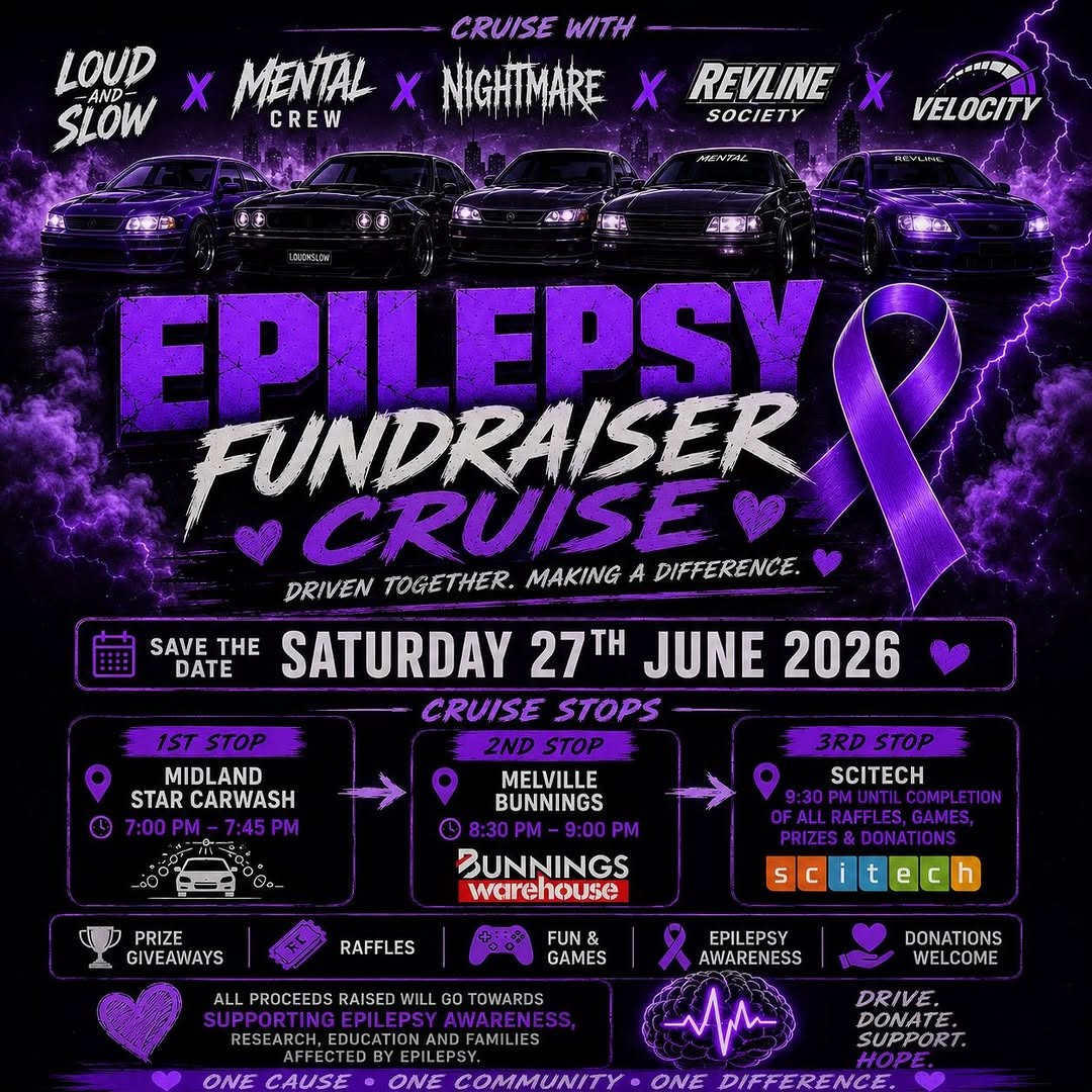 Epilepsy Fundraiser Cruise — JDM/Muscle car meet in Perth, WA on Saturday 27 June 2026