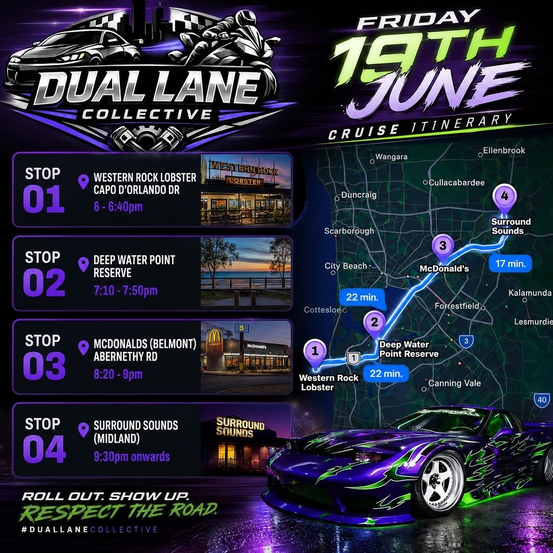 Dual Lane Collective Cruise — JDM car meet in Perth, WA on Friday 19 June 2026