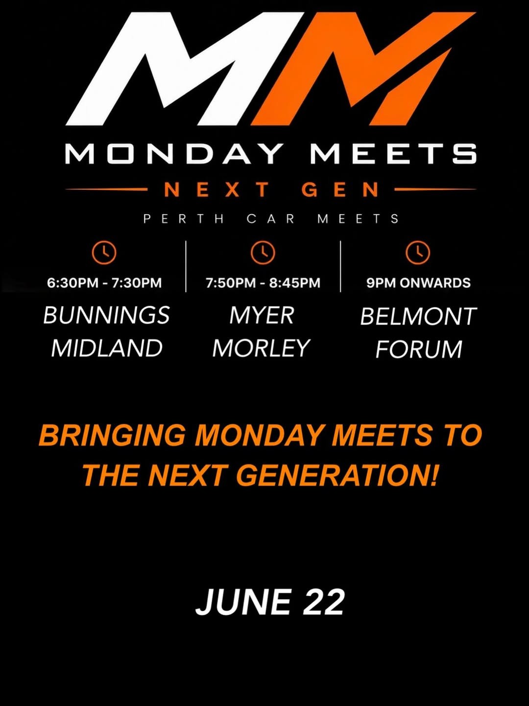 Monday Meets Next Gen — JDM/Muscle car meet in Perth, WA on Monday 22 June 2026