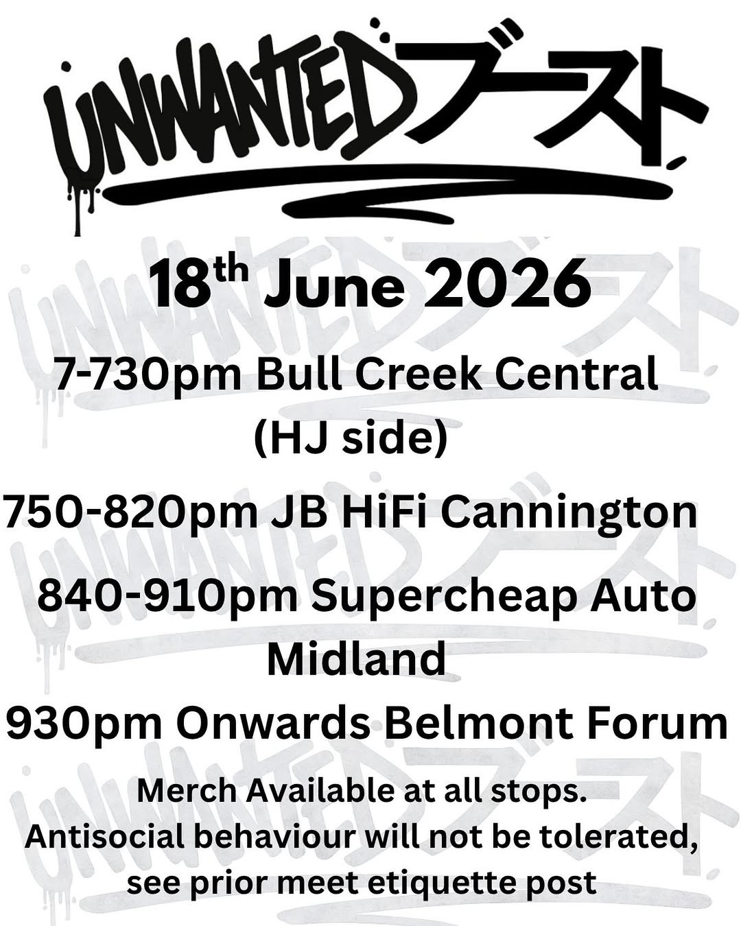 Unwanted Boost Multi-Stop Cruise — JDM car meet in Perth, WA on Thursday 18 June 2026