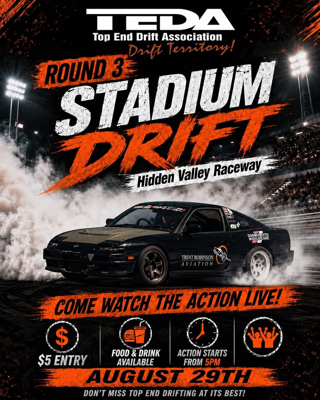 Stadium Drift Round 3 — JDM spectator event in Darwin, NT on Saturday 29 August 2026