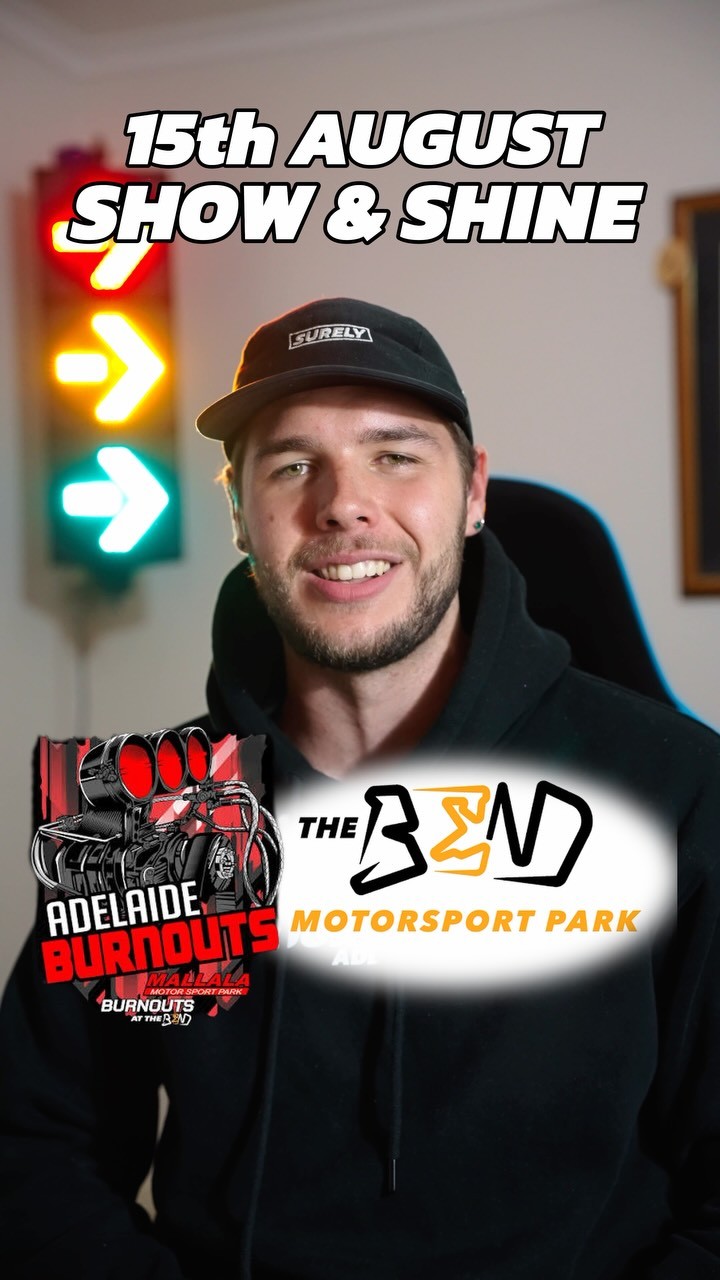 Burnouts at The Bend Show & Shine — JDM/Muscle car meet in Adelaide, SA on Saturday 15 August 2026