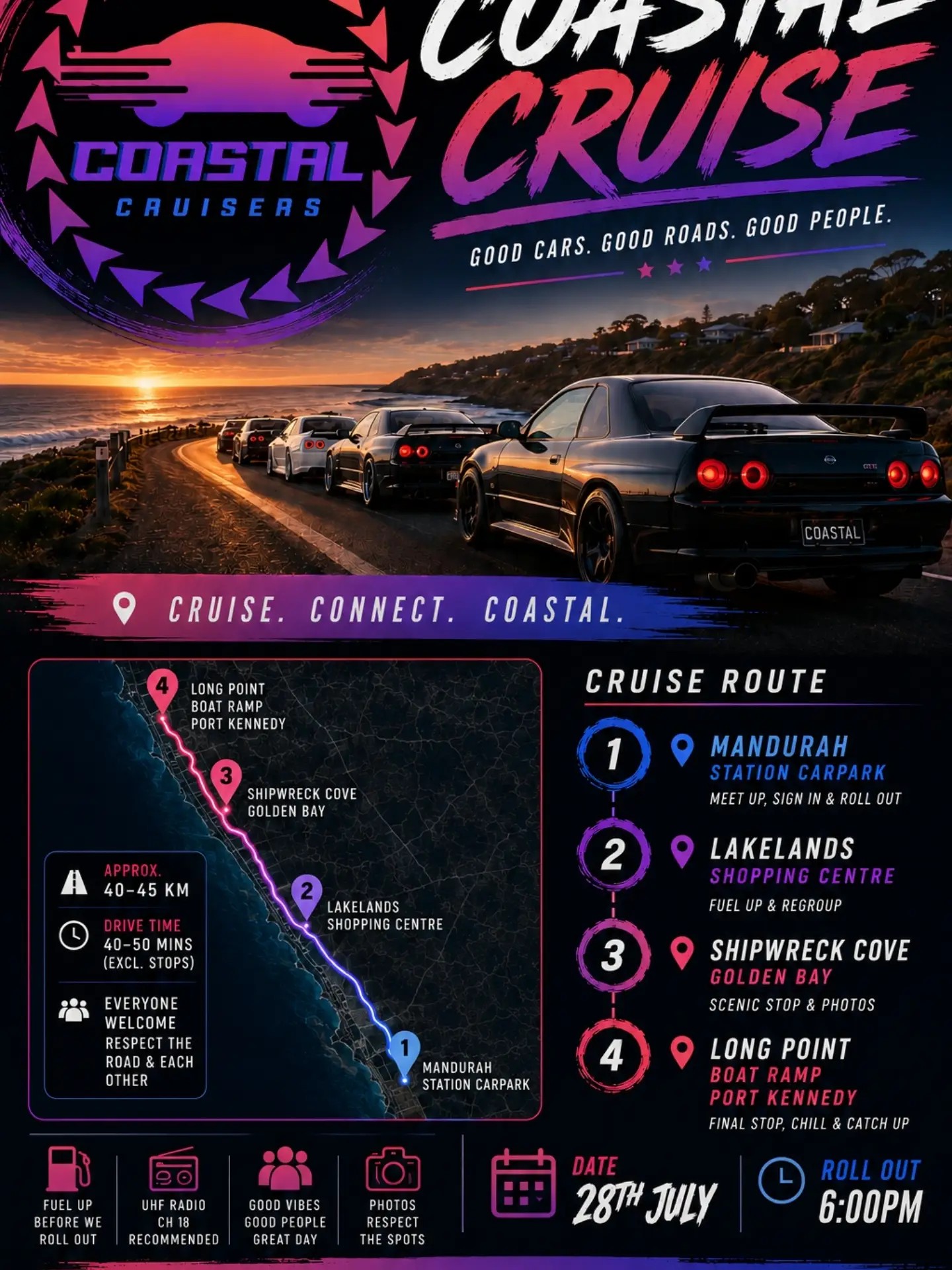 Coastal Cruise — JDM car meet in Perth, WA on Tuesday 28 July 2026