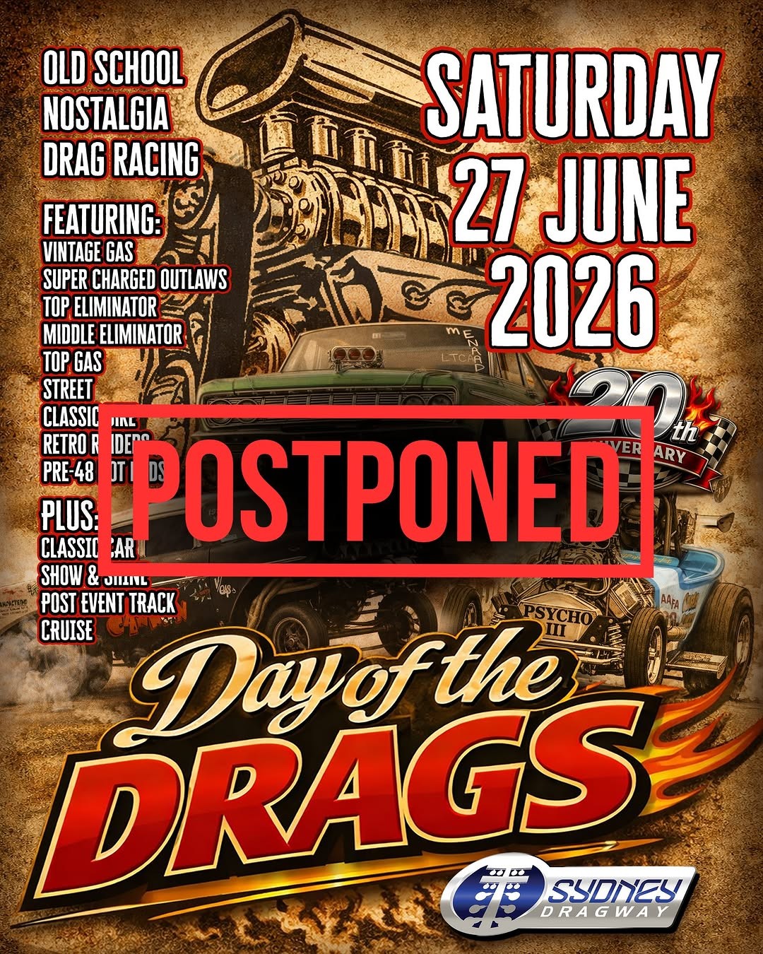 Day of the Drags — Muscle/Classic spectator event in Sydney, NSW on Saturday 22 August 2026