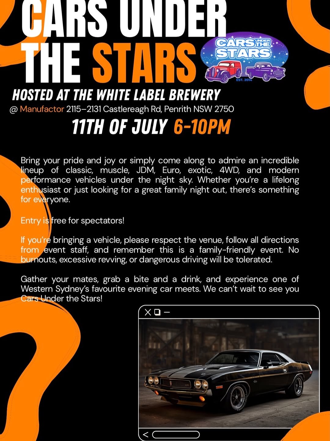 Cars Under The Stars — Classic/Muscle car meet in Sydney, NSW on Saturday 11 July 2026