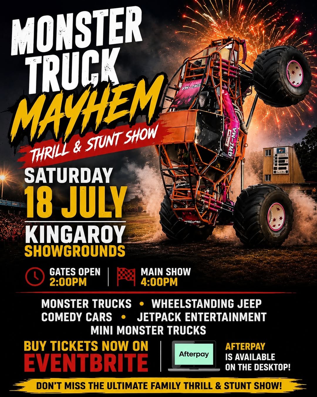 Monster Truck Mayhem Thrill & Stunt Show — 4x4 spectator event in Brisbane, QLD on Saturday 18 July 2026