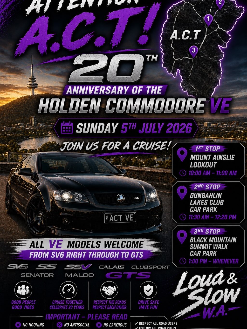 20th Anniversary of the Holden Commodore VE - A.C.T. Cruise — Muscle/Stance car meet in Canberra, NSW on Sunday 5 July 2026