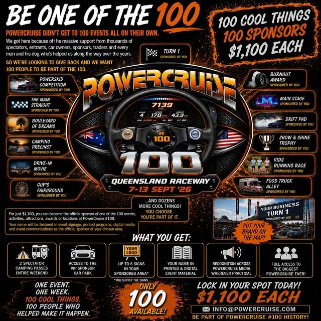 Powercruise 100 — Muscle spectator event in Brisbane, QLD on Monday 7 September 2026