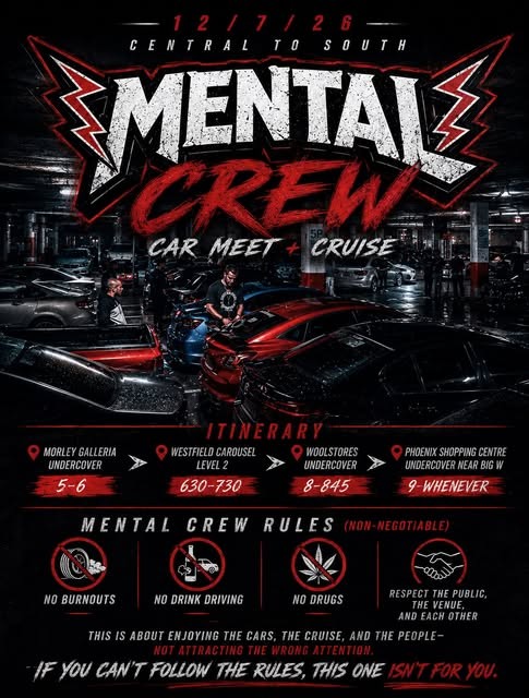 Mental Crew Car Meet + Cruise — Stance car meet in Perth, WA on Sunday 12 July 2026