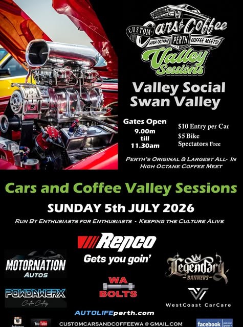 Cars and Coffee Valley Sessions — Muscle/Classic car meet in Perth, WA on Sunday 5 July 2026