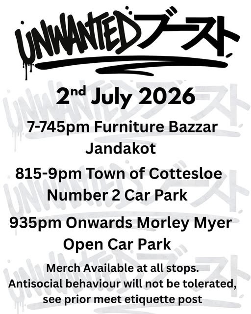 Unwanted Boost Cruise — JDM car meet in Perth, WA on Thursday 2 July 2026