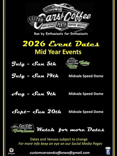 Cars & Coffee Valley Sessions — Classic/Muscle car meet in Perth, WA on Sunday 5 July 2026