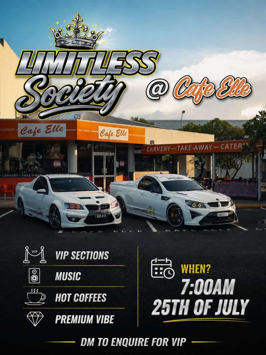 Limitless Society @ Cafe Elle — Muscle/JDM car meet in Brisbane, QLD on Saturday 25 July 2026