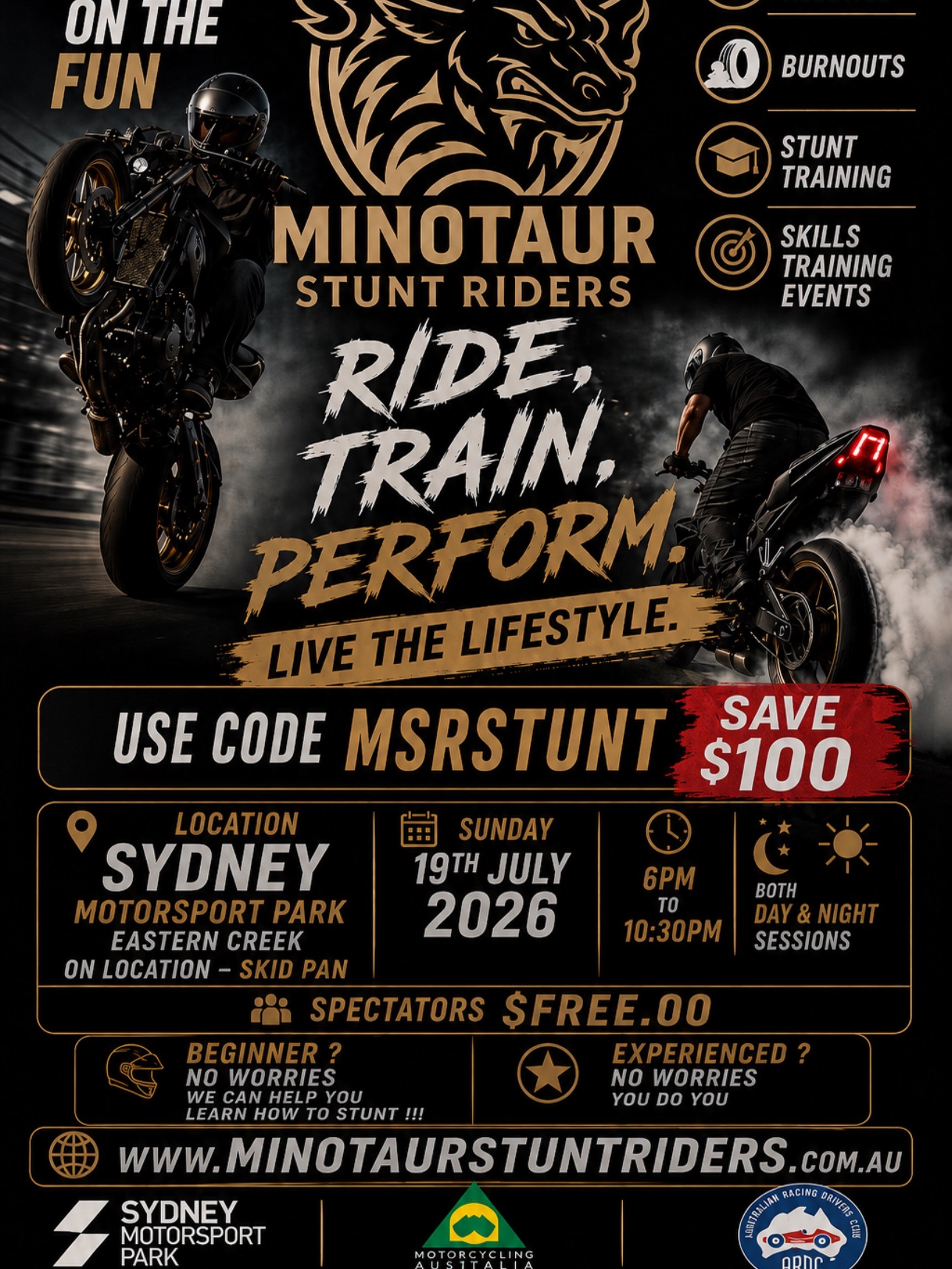 Minotaur Stunt Riders: Ride, Train, Perform — track day in Sydney, NSW on Sunday 19 July 2026