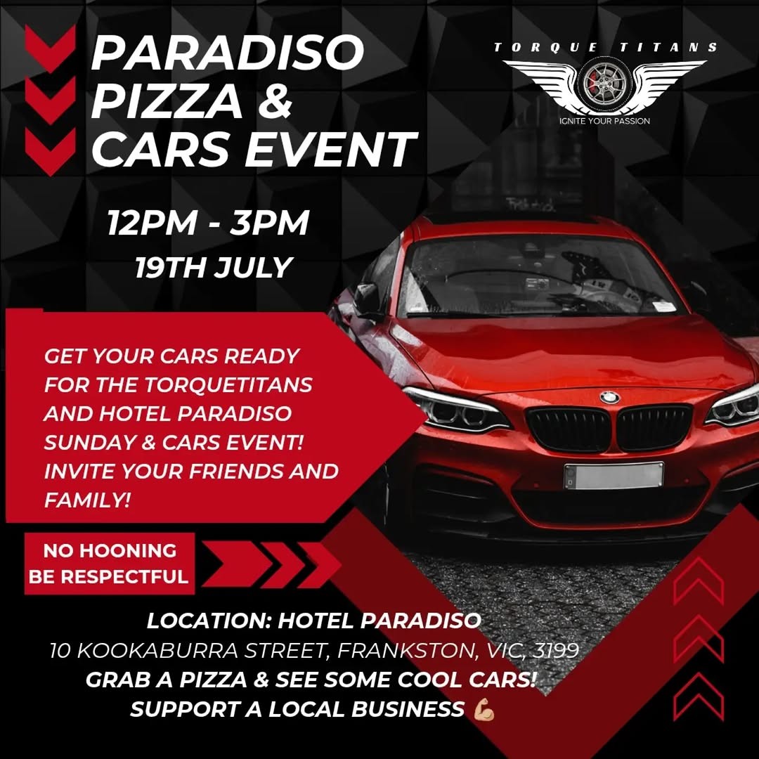 Paradiso Pizza & Cars Event — car meet in Melbourne, VIC on Sunday 19 July 2026