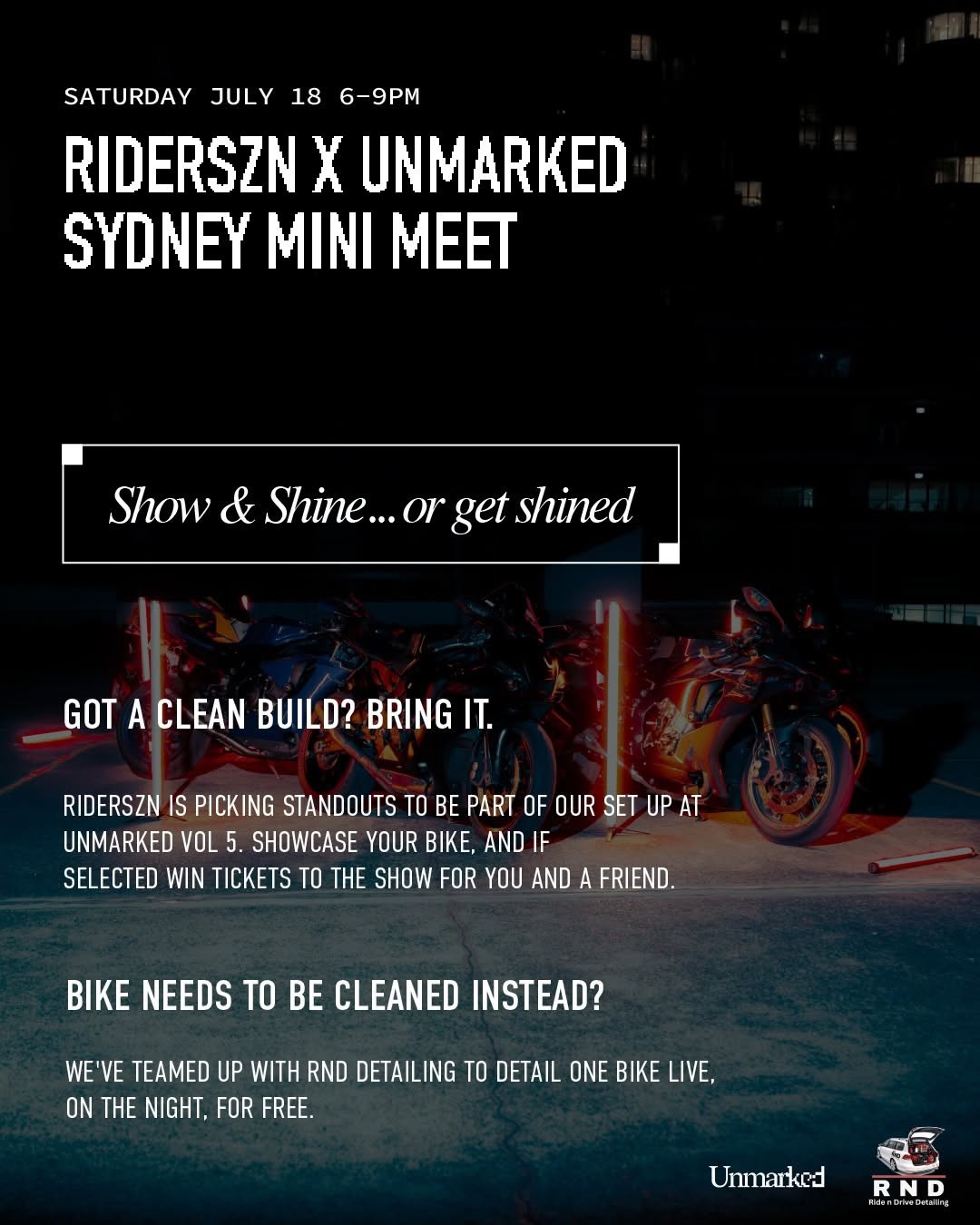 Riderszn x Unmarked Sydney Mini Meet — car meet in Sydney, NSW on Saturday 18 July 2026