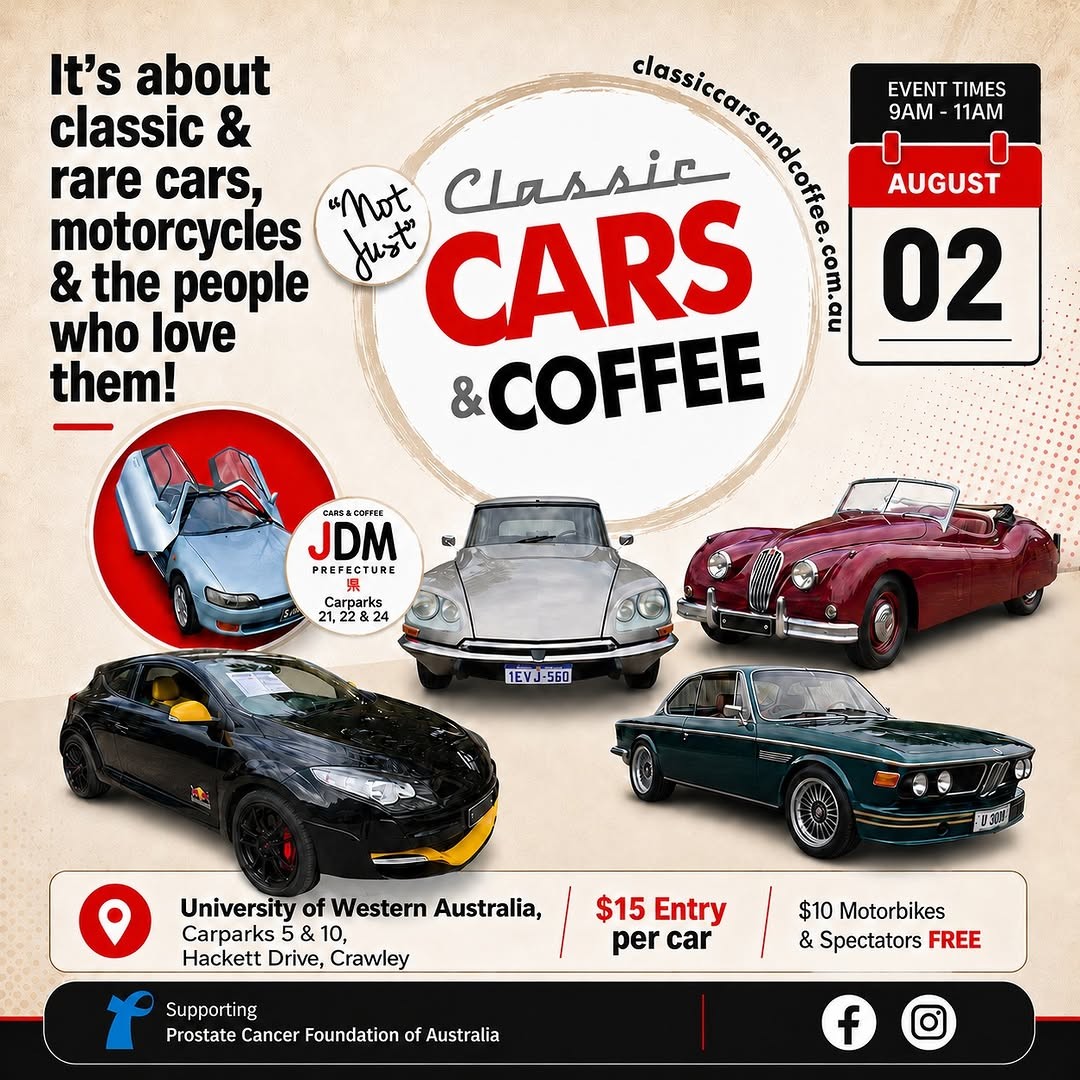 Classic Cars and Coffee — Classic/JDM car meet in Perth, WA on Sunday 2 August 2026