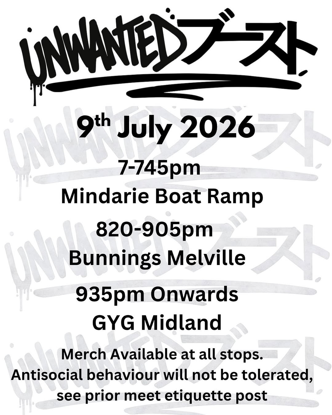 Unwanted Boost Cruise — JDM car meet in Perth, WA on Thursday 9 July 2026
