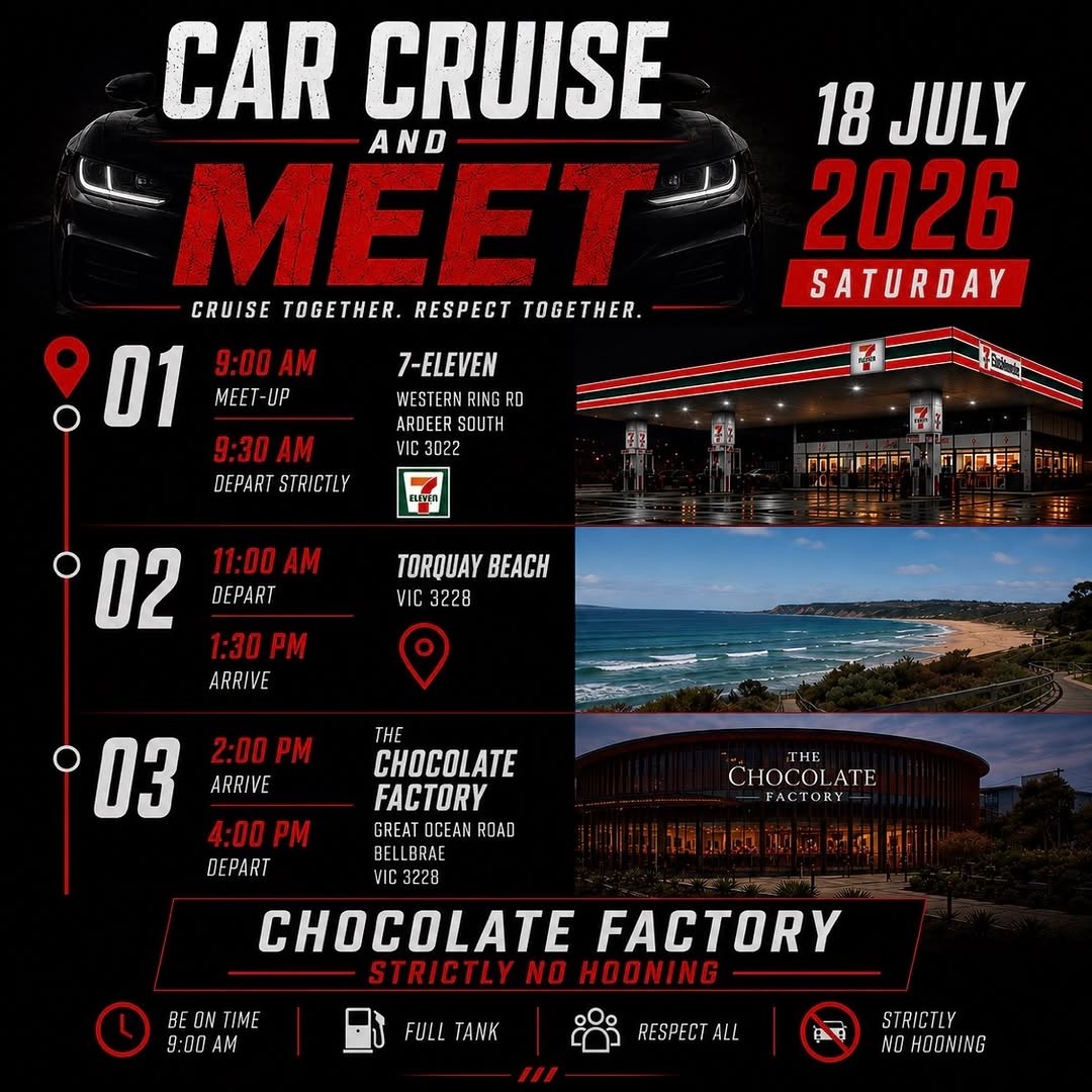 Car Cruise and Meet — Muscle/Stance car meet in Melbourne, VIC on Saturday 18 July 2026