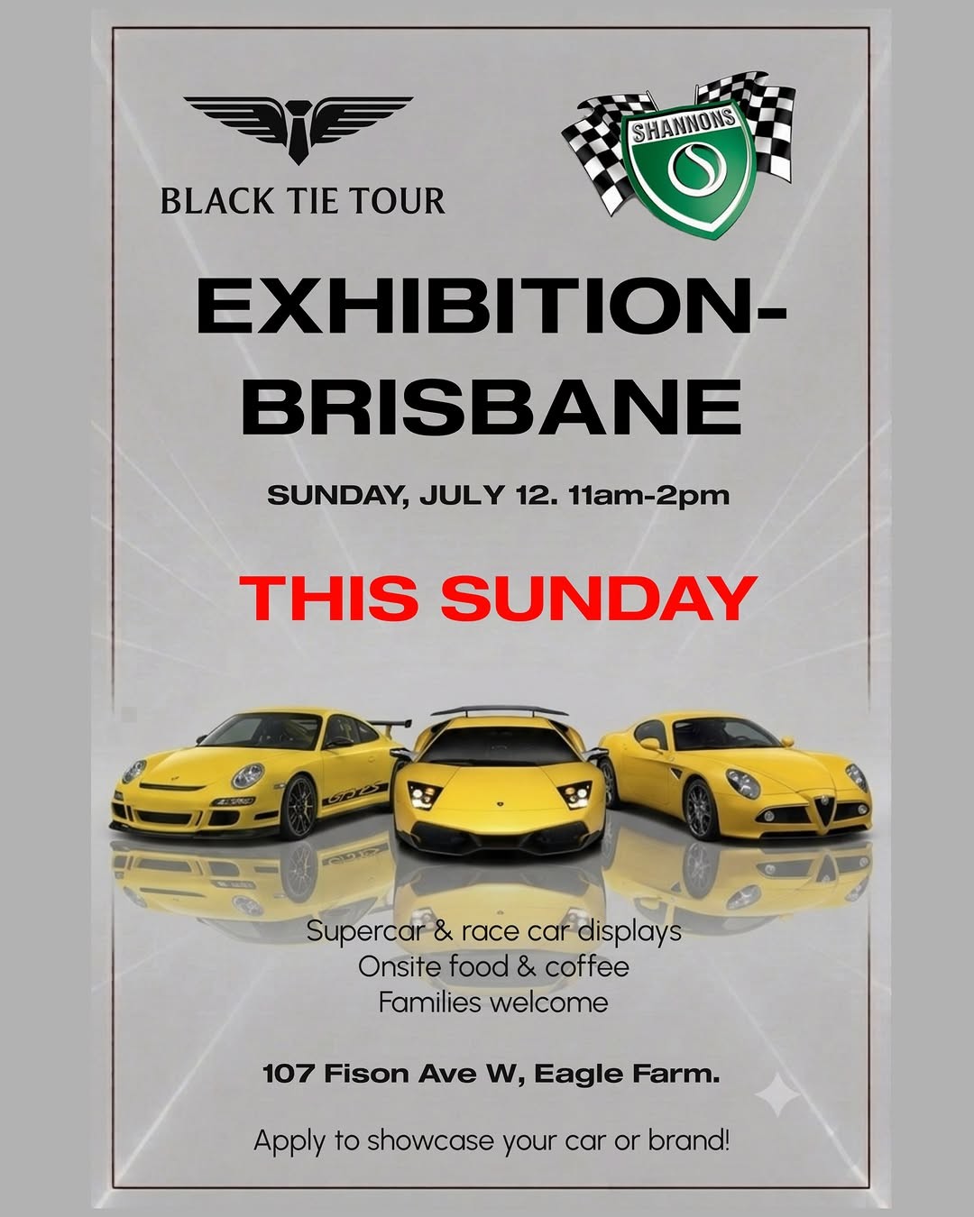 Black Tie Tour x Shannons Exhibition — Exotic car meet in Brisbane, QLD on Sunday 12 July 2026