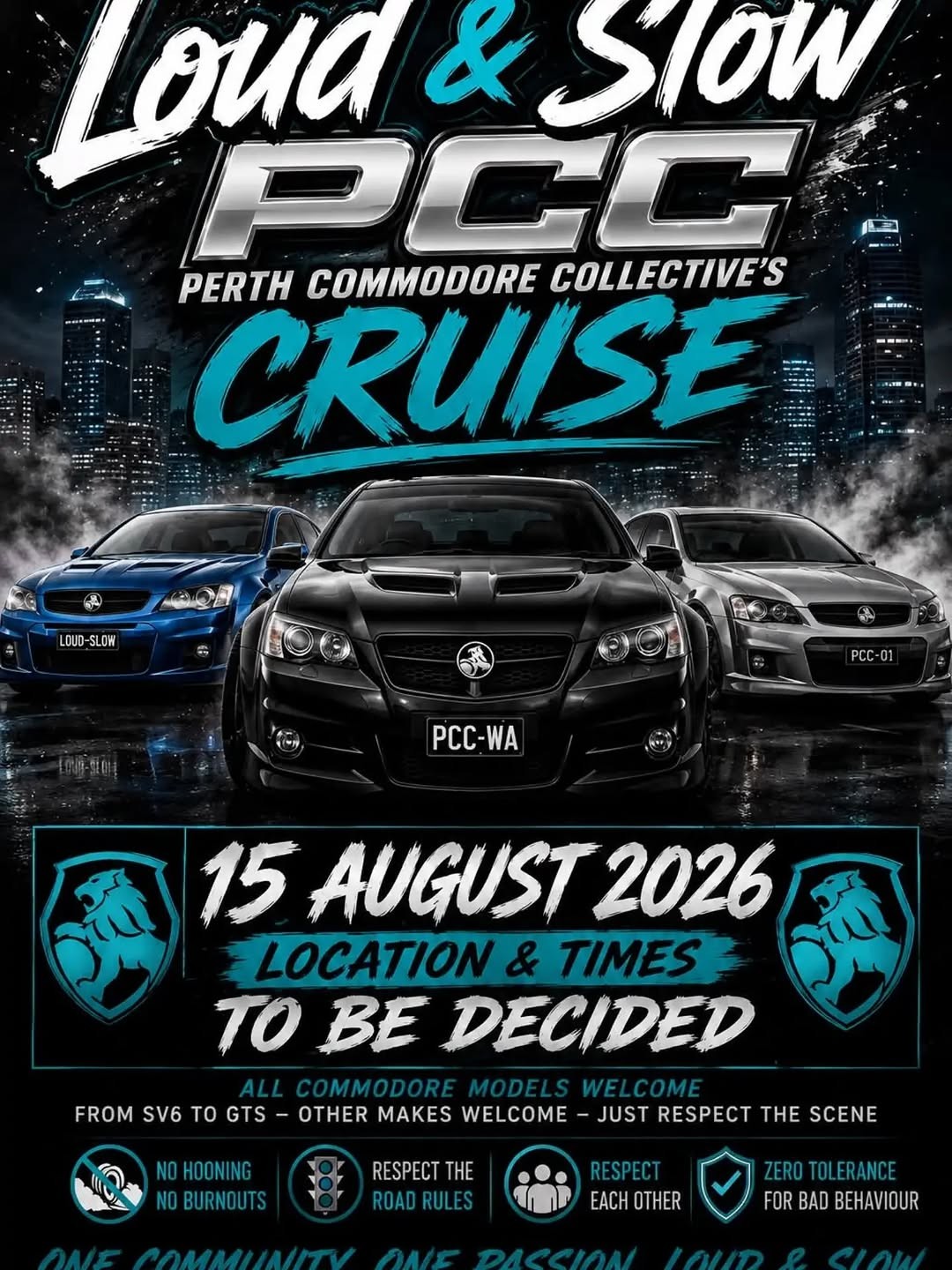 Loud & Slow x PCC Cruise — Muscle car meet in Perth, WA on Saturday 15 August 2026