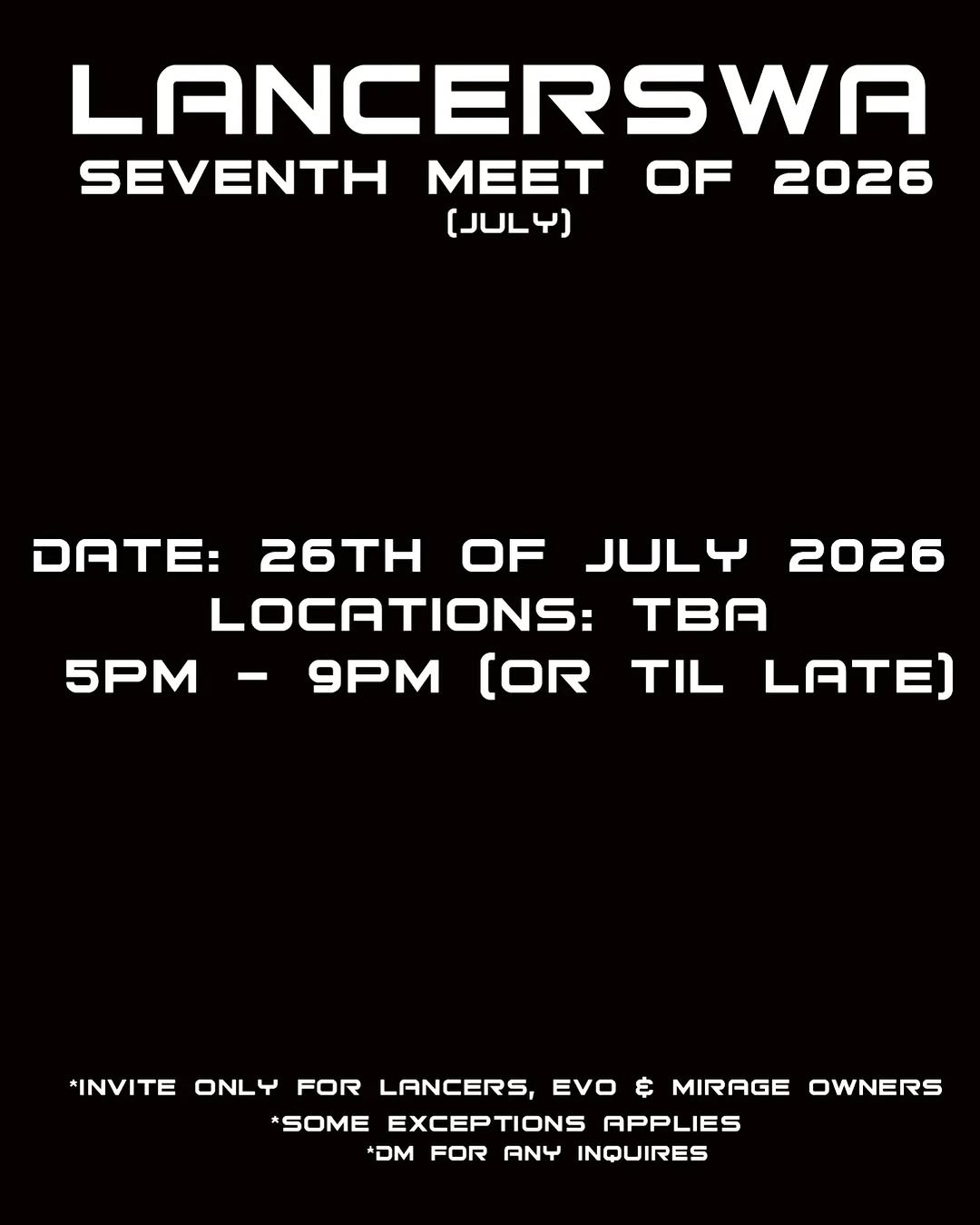 LancersWA July Meet — JDM car meet in Perth, WA on Sunday 26 July 2026
