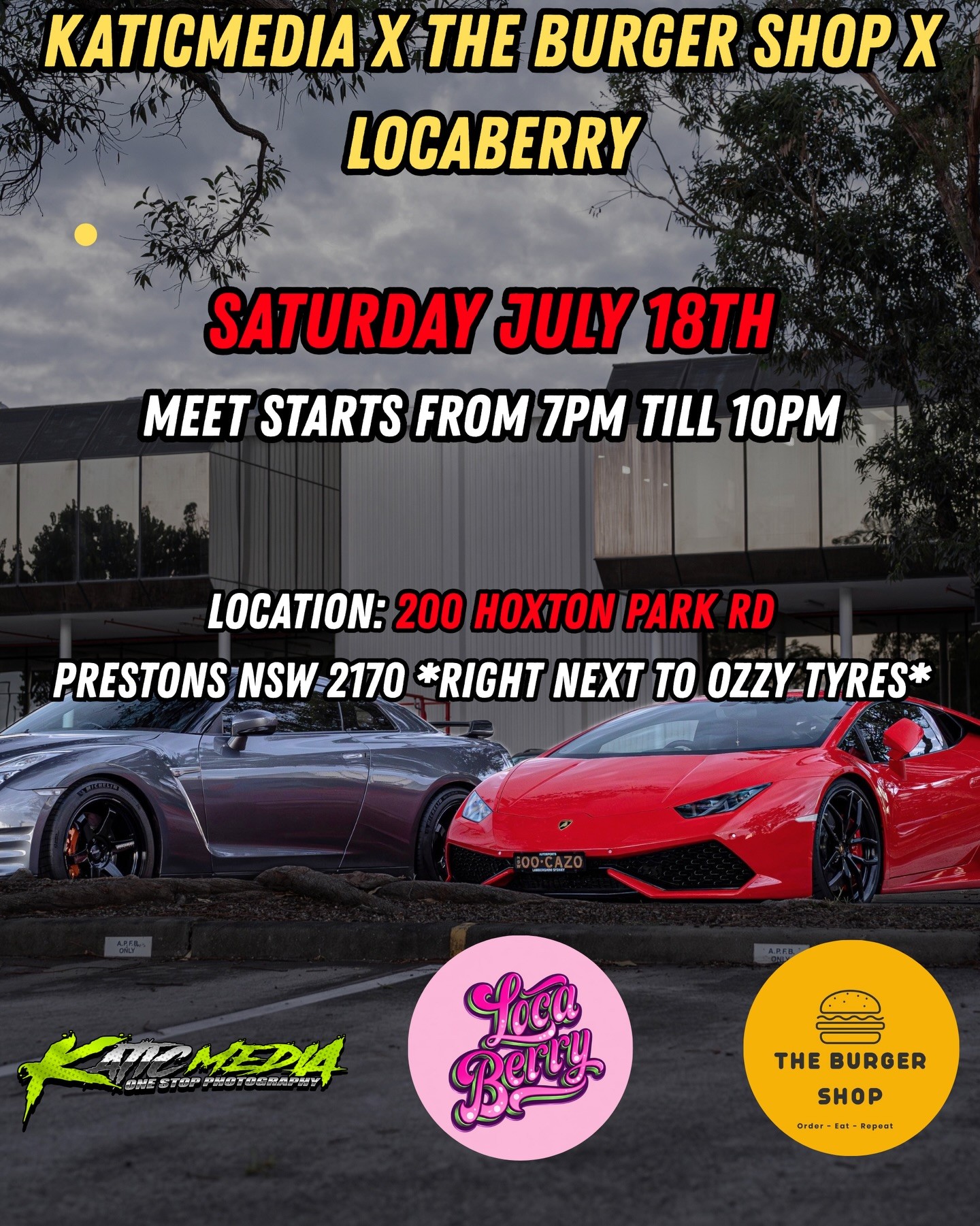 Katicmedia x The Burger Shop x Locaberry — Euro/JDM car meet in Sydney, NSW on Saturday 18 July 2026