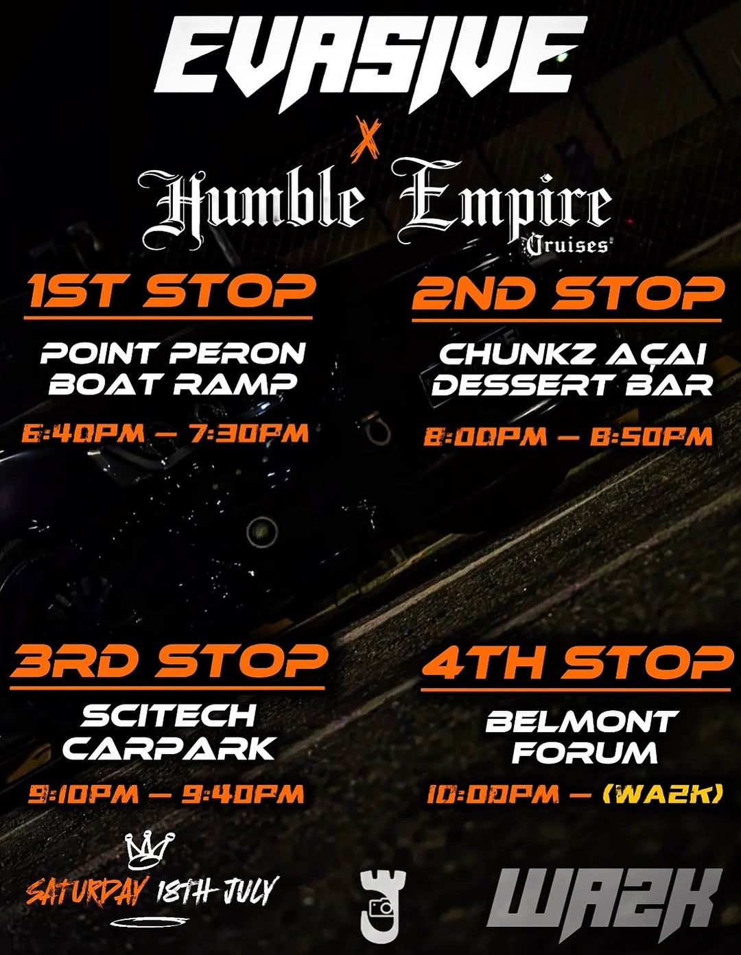 Evasive x Humble Empire x WA2K Cruise — JDM car meet in Perth, WA on Saturday 18 July 2026