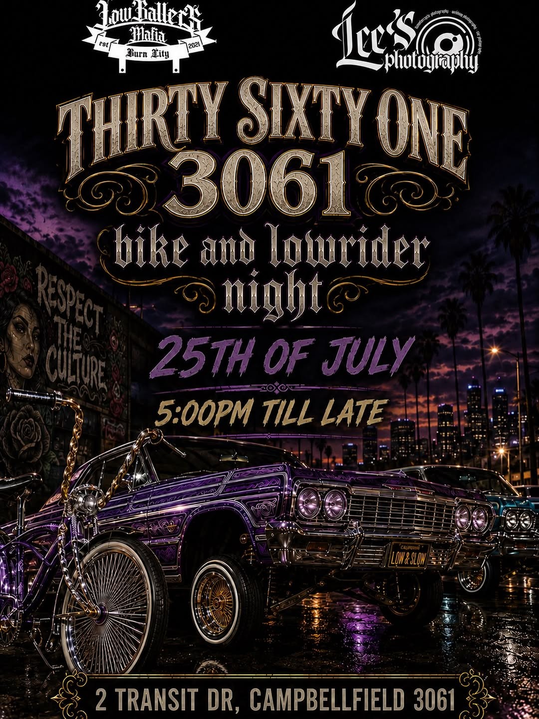 Thirty Sixty One Bike and Lowrider Night — Stance/Classic car meet in Melbourne, VIC on Saturday 25 July 2026