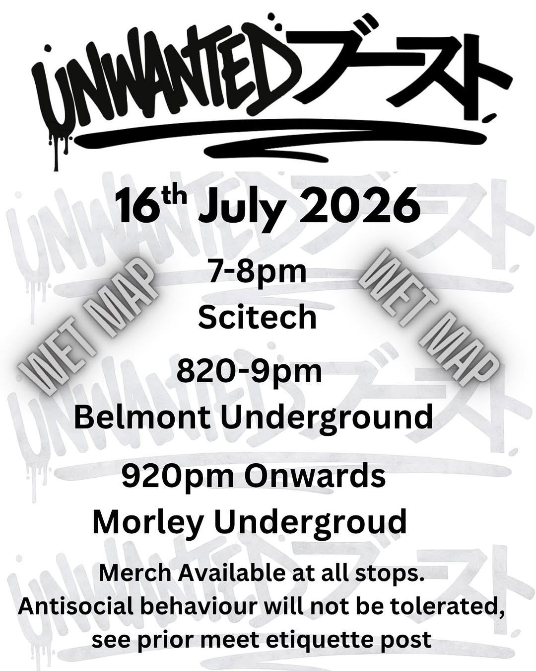 Unwanted Boost Wet Map Cruise — JDM car meet in Perth, WA on Thursday 16 July 2026
