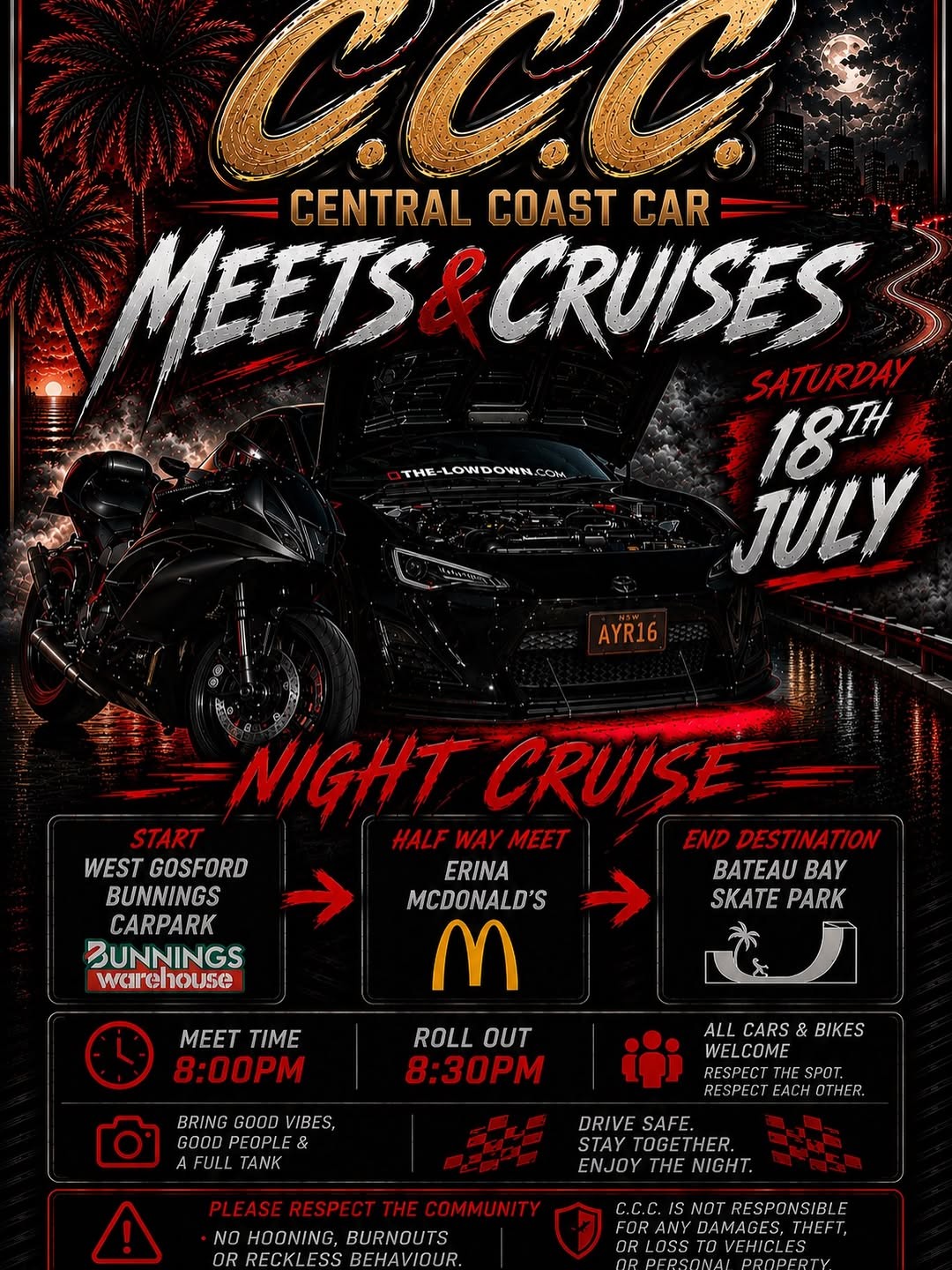 Central Coast Car Meets & Cruises Night Cruise — JDM car meet in Central Coast, NSW on Saturday 18 July 2026