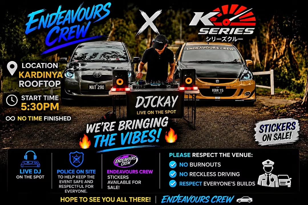 Endeavours Crew x K Series Meet — JDM car meet in Perth, WA on Saturday 18 July 2026
