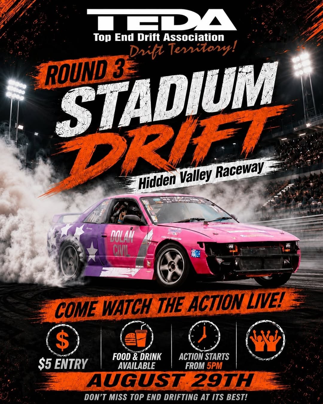 Stadium Drift Round 3 — JDM spectator event in Darwin, NT on Saturday 29 August 2026