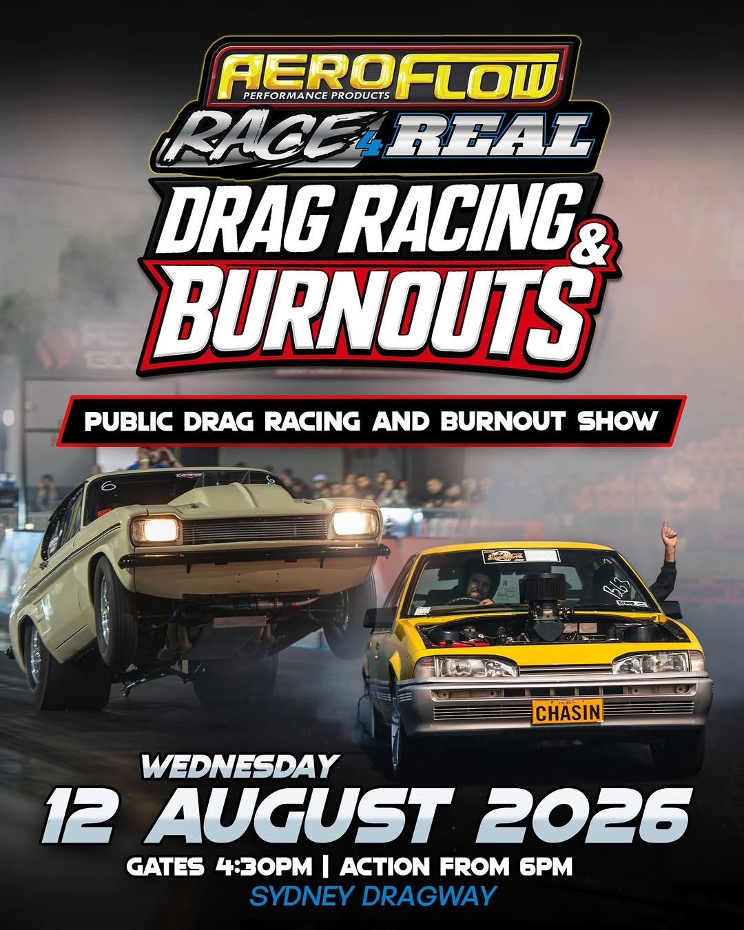 Aeroflow Race 4 Real - Drag Racing & Burnouts — Muscle track day in Sydney, NSW on Wednesday 12 August 2026