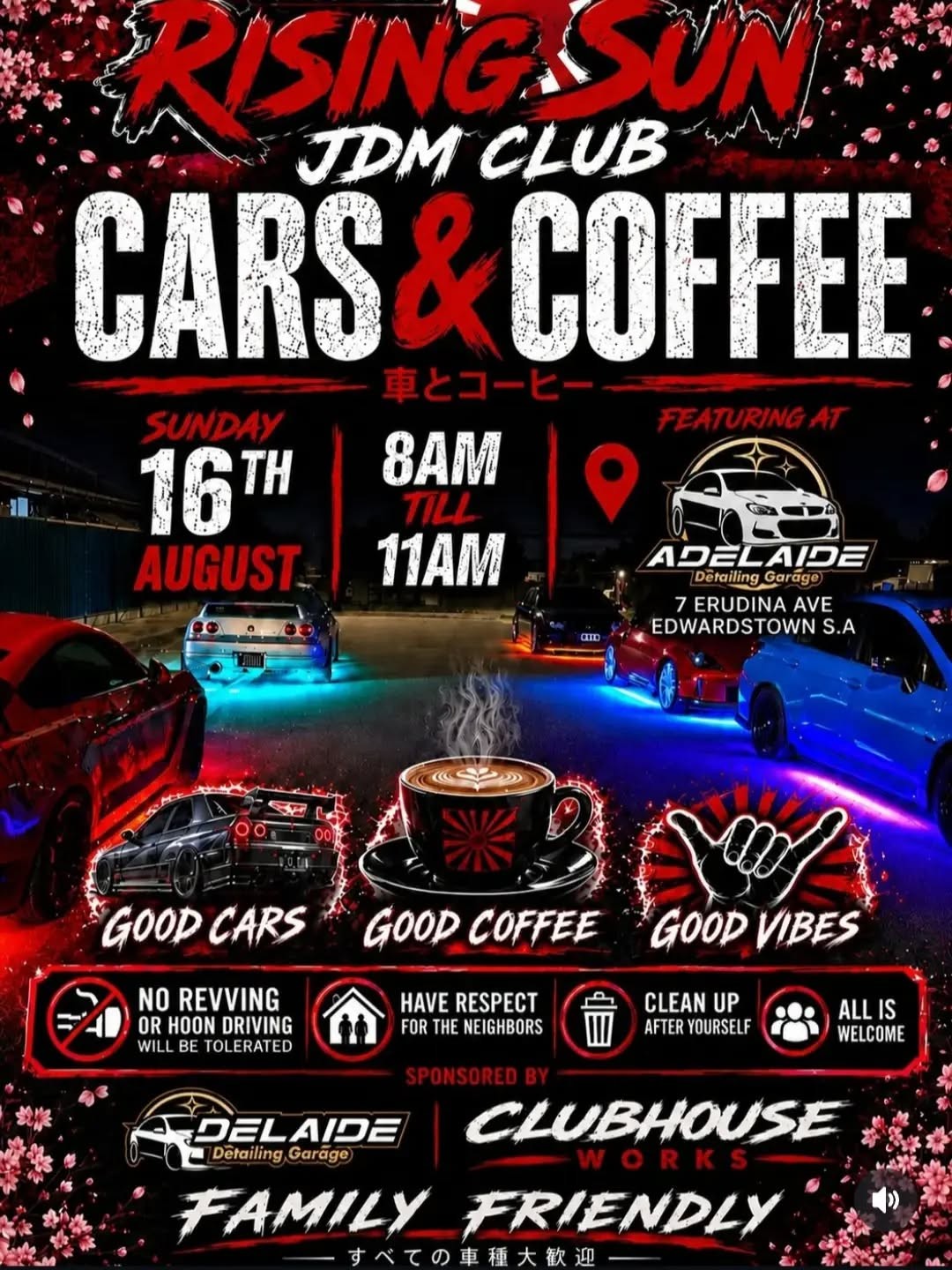 Rising Sun JDM Club Cars & Coffee — JDM car meet in Adelaide, SA on Sunday 16 August 2026
