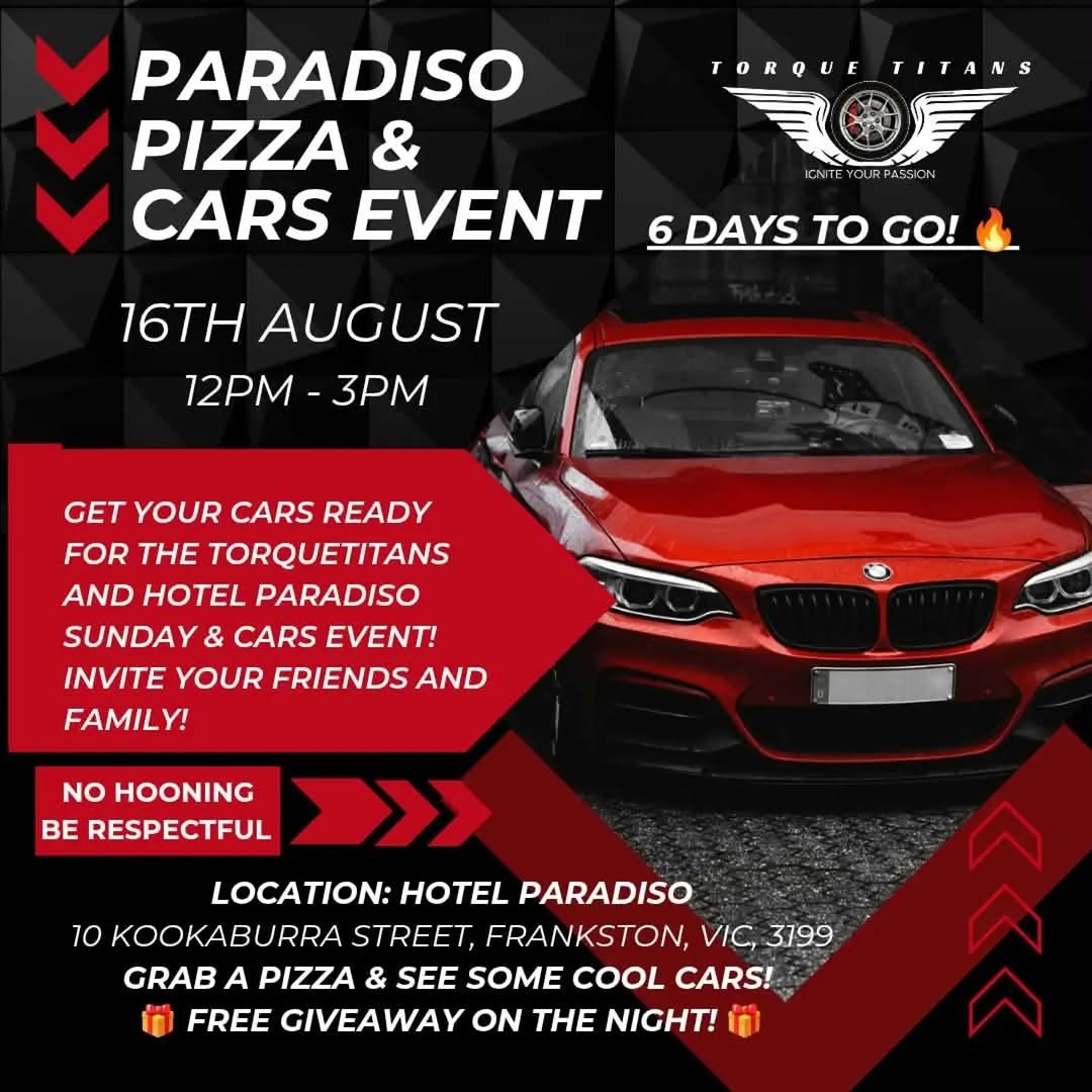 Paradiso Pizza & Cars Event — Euro car meet in Melbourne, VIC on Sunday 16 August 2026