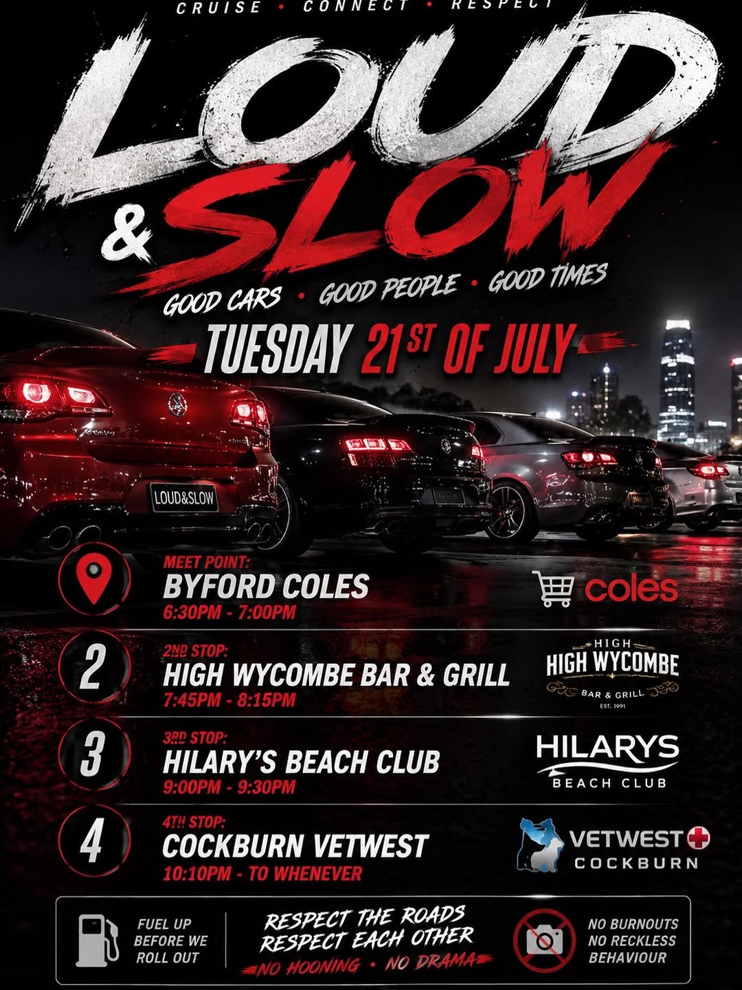 Loud & Slow Perth Cruise — Stance/Muscle car meet in Perth, WA on Tuesday 21 July 2026