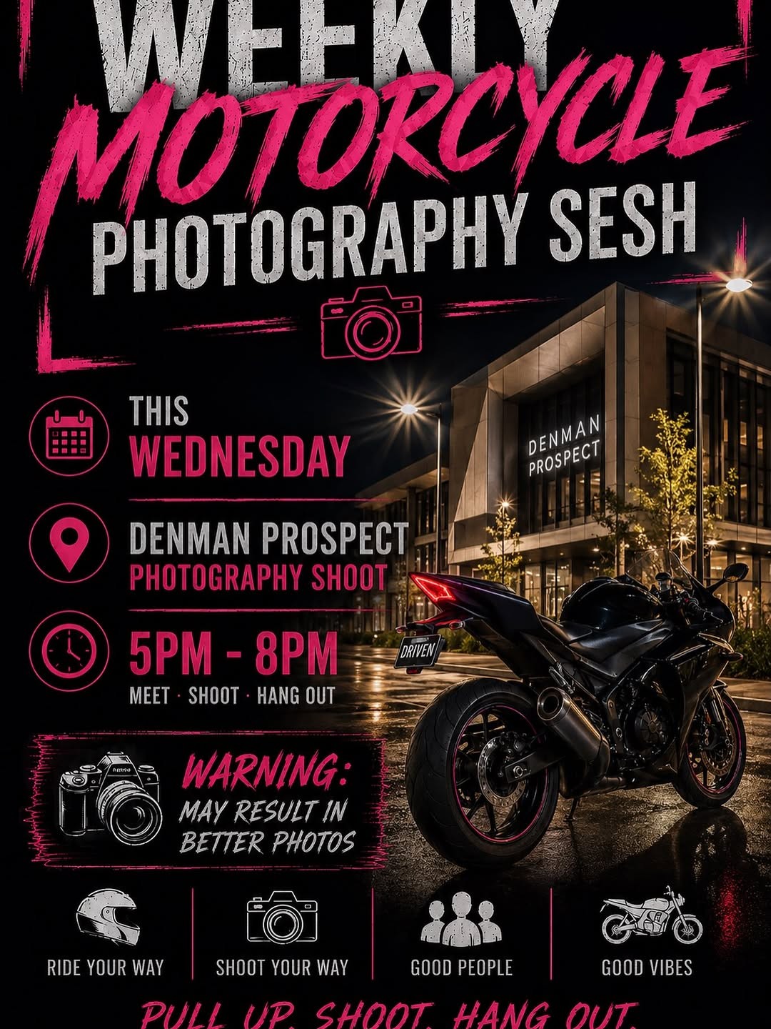 Weekly Motorcycle Photography Sesh — car meet in Canberra, NSW on Wednesday 22 July 2026