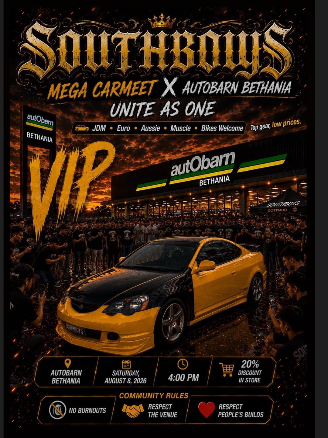 Southboys Mega Carmeet x Autobarn Bethania — JDM/Euro car meet in Brisbane, QLD on Saturday 8 August 2026