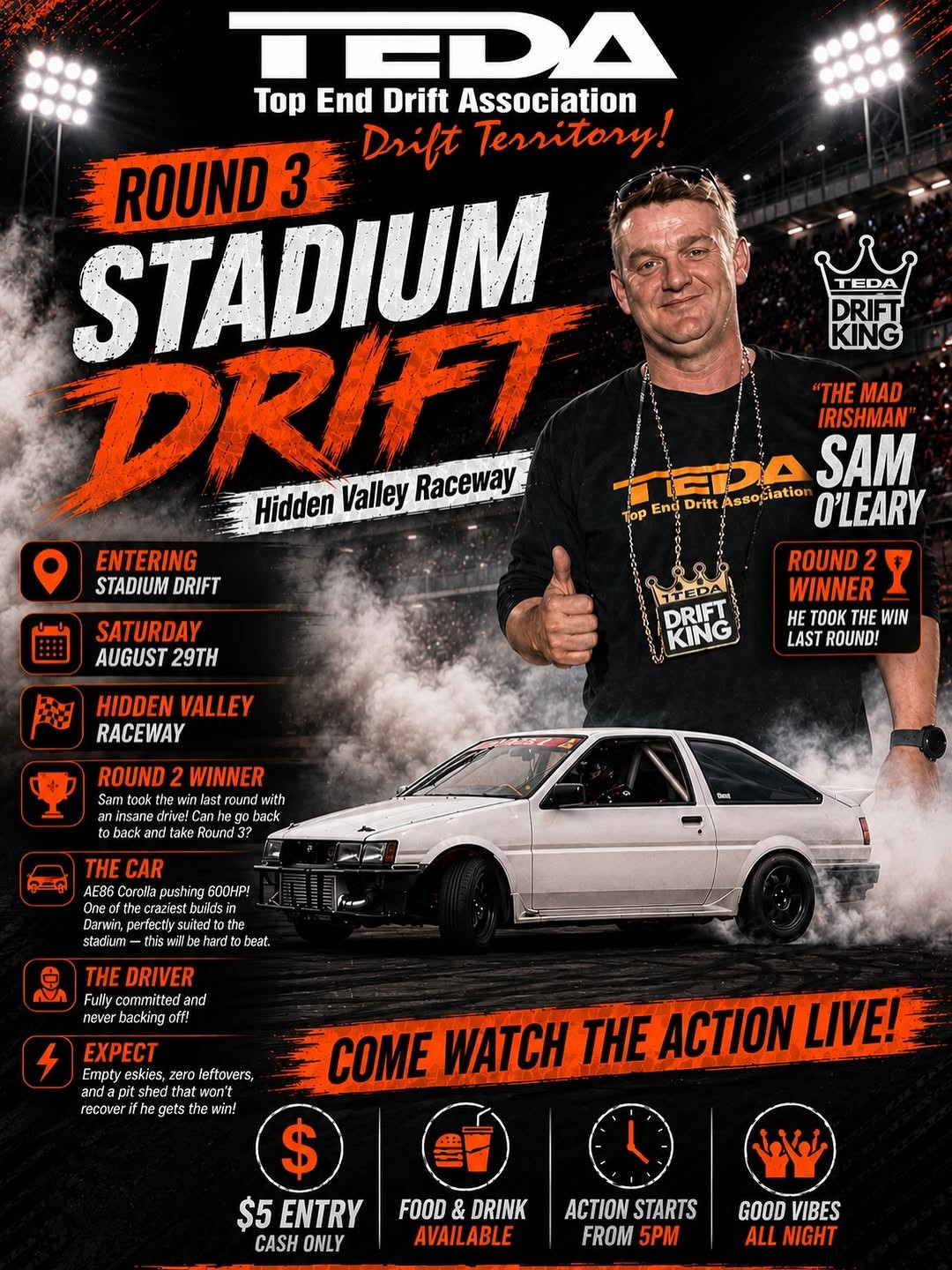 Stadium Drift Round 3 — JDM spectator event in Darwin, NT on Saturday 29 August 2026