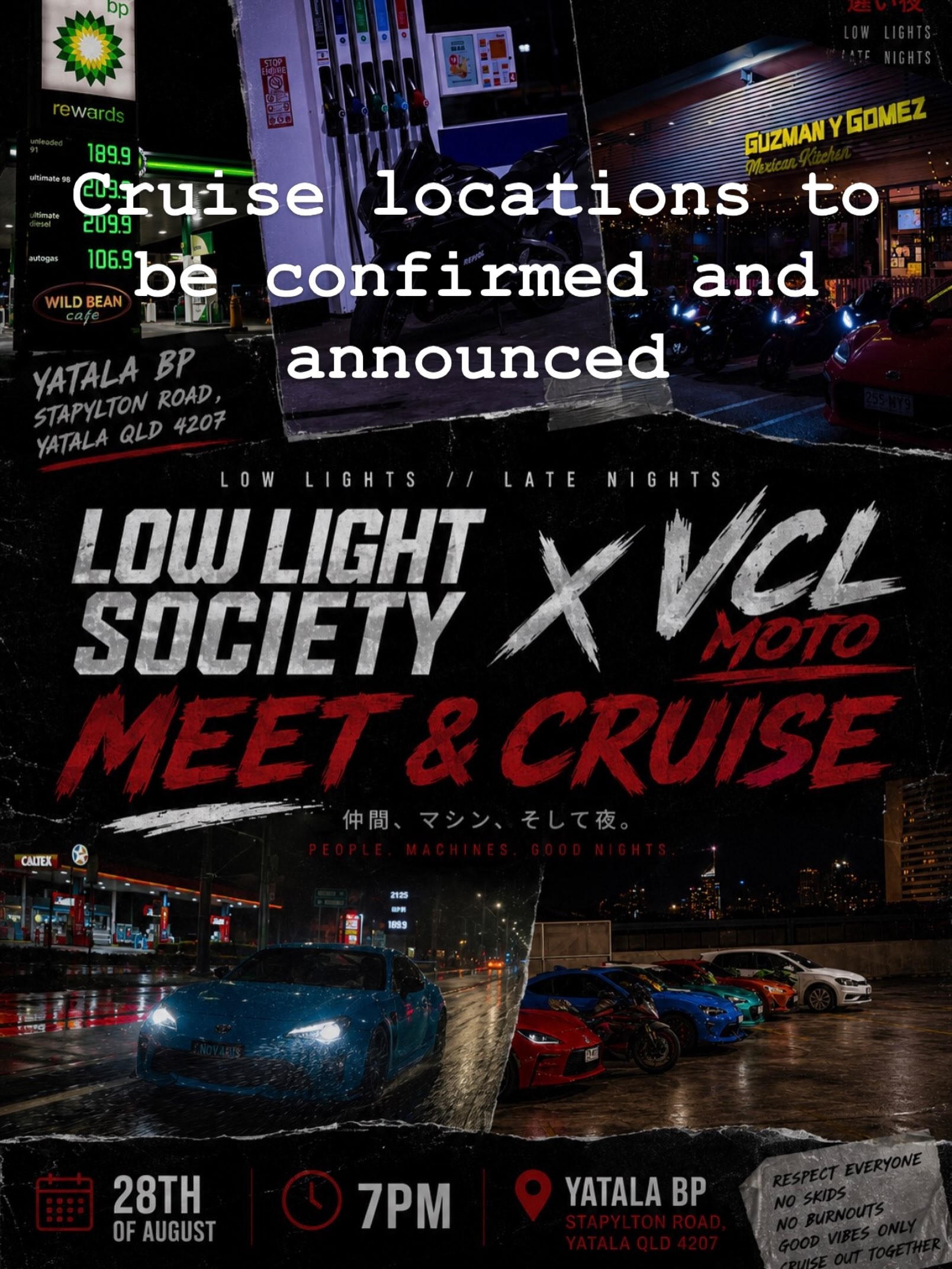 Low Light Society x VCL Moto Meet & Cruise — Stance/JDM car meet in Gold Coast, QLD on Friday 28 August 2026