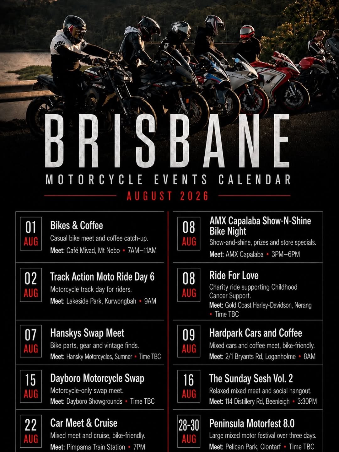 Bikes & Coffee — car meet in Brisbane, QLD on Saturday 1 August 2026